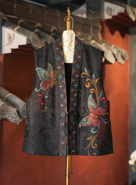 蓝大原创女装新中式黑色加绒系带开衫桑蚕丝重工蝴蝶刺绣马甲5674