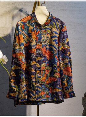 蓝大原创新中式大码百搭单排扣真丝时尚外套F9611