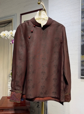 蓝大原创女装国风复式立领长袖真丝香云纱大码砖红色刺绣上衣5559