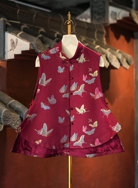 蓝大原创女装超仙蝴蝶立领不规则喜宴红色宽松桑蚕丝宋锦马甲5778