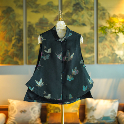 蓝大单排扣国潮立领蝴蝶黑色马甲