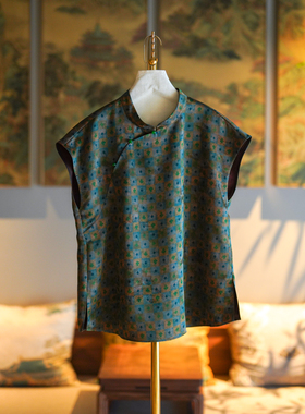 蓝大原创女装新中式绿色真丝香云纱立领短袖大码显瘦上衣7919