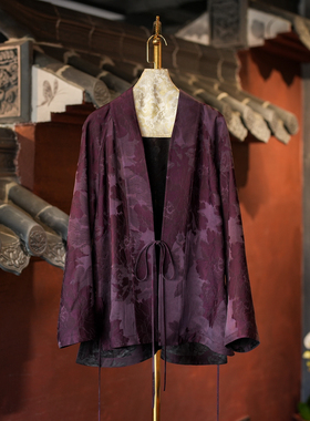 蓝大原创女装新中式长袖真丝香云纱系带开衫紫色太太服外套5766