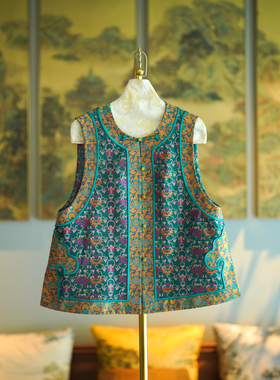 蓝大原创女装国风百搭单排扣圆领无袖桑蚕丝蜀锦绿色马甲7839