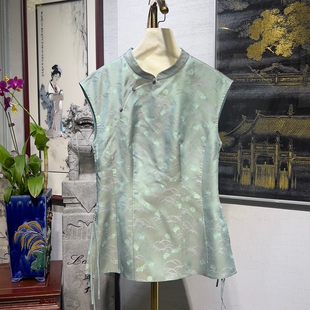 蓝大原创女装古典天青色立领斜襟盘扣桑蚕丝花萝短袖收腰上衣5142