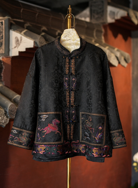 蓝大原创女装中国风经典黑色立领长袖桑蚕丝宋锦刺绣外套5761