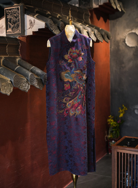 蓝大原创女装国风精美孔雀刺绣真丝香云纱长款无袖紫色连衣裙5595