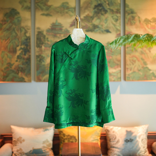 蓝大原创女装 立领斜襟盘扣祖母绿显白真丝冠乐绉上衣7125 国风唐装