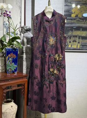 蓝大原创女装重工蝶恋花刺绣立领紫色真丝香云纱无袖连衣裙5528