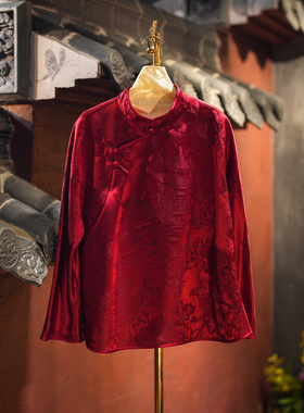 蓝大原创女装喜庆红色亭台楼阁盘扣真丝香云纱长袖新中式上衣5630