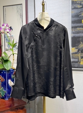 蓝大原创女装新中式趣味猫咪黑色显瘦真丝香云纱立领长袖上衣5423