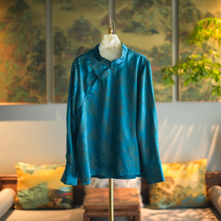 蓝大原创女装 蓝色真丝冠乐绉国风上衣5501 胖mm遮肉显瘦立领长袖