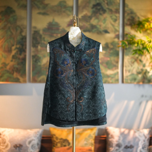 蓝大原创女装 绿色立领桑蚕丝国潮马甲5525 重工凤凰刺绣单排扣大码