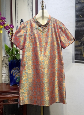 蓝大原创女装新中式橙色立领短袖桑蚕丝蜀萝改良旗袍连衣裙5174