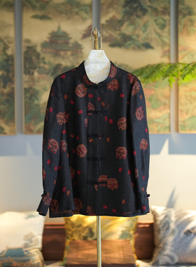蓝大原创女装国风黑色显瘦立领单排扣宽松真丝香云纱上衣衬衫7391