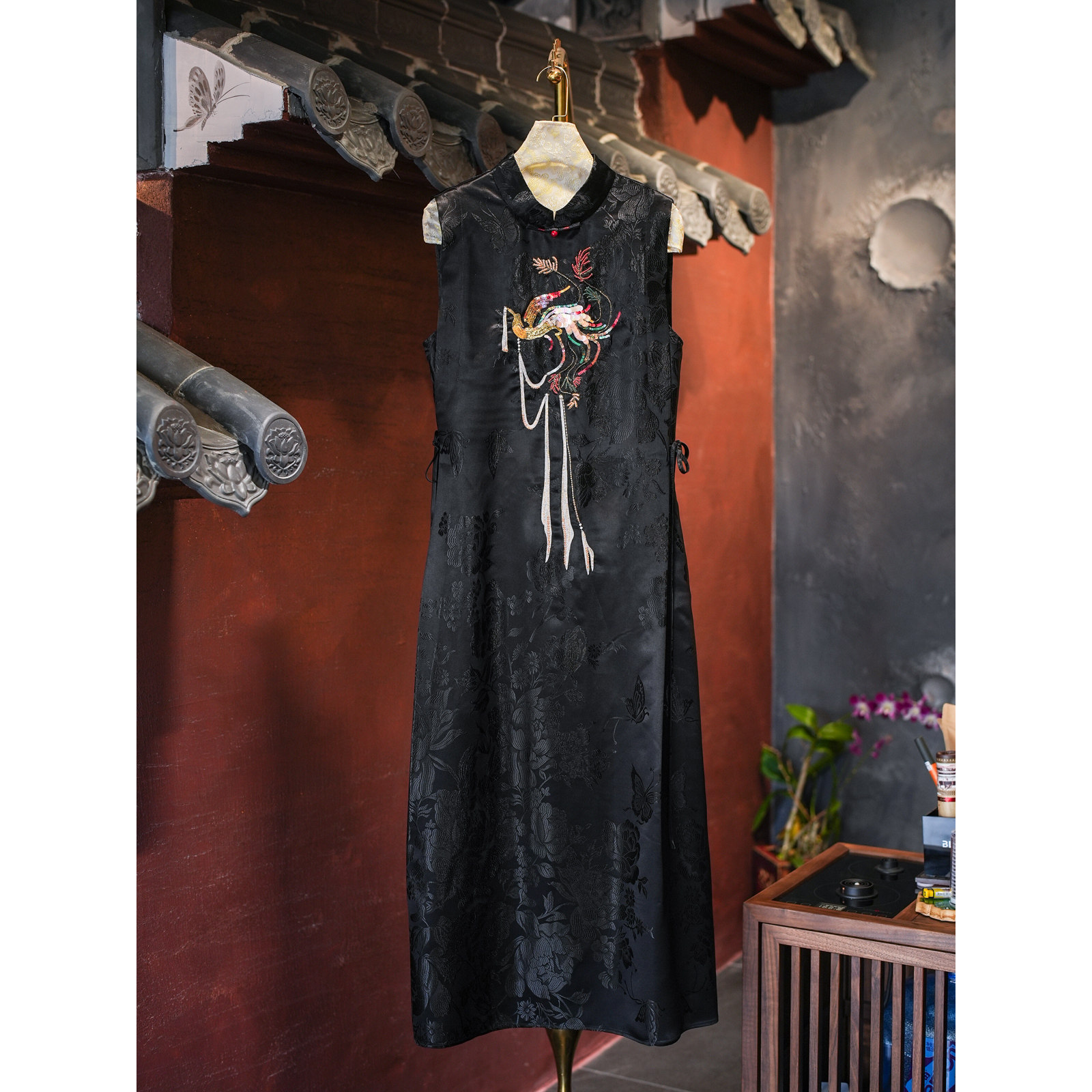 蓝大原创女装高端老料桑蚕丝仙鹤刺绣钉珠黑色长款无袖连衣裙5542,女装/女士精品,连衣裙,淘宝优惠券,粉丝福利购,淘宝优惠卷