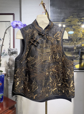 蓝大原创女装中国风重工刺绣立领斜襟盘扣真丝香云纱黑色马甲7364