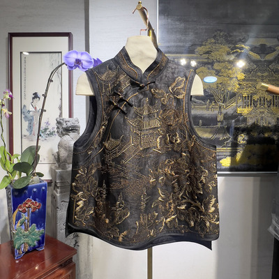 蓝大盘扣新中式立领刺绣黑色马甲