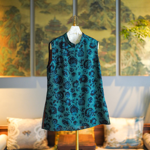 蓝大原创女装 上衣5071 中国风油画玫瑰斜襟盘扣真丝香云纱无袖