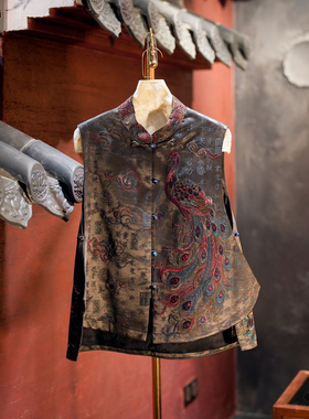 蓝大原创女装重工孔雀刺绣单排扣立领真丝香云纱百搭国潮马甲5590