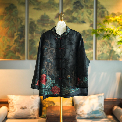 蓝大桑蚕丝桑蚕丝刺绣香云纱外套