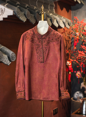 蓝大原创女装国风回门喜庆红色立领长袖真丝香云纱刺绣上衣4003
