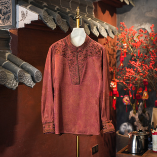 蓝大原创女装 真丝香云纱刺绣上衣4003 国风回门喜庆红色立领长袖