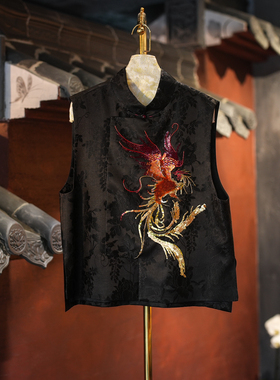 蓝大原创女装手工钉珠凤凰立领老缎桑蚕丝黑色大码新中式马甲5589