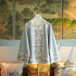 蓝大原创女装 单排扣外套7601 中国风刺绣拼接桑蚕丝花萝圆领长袖