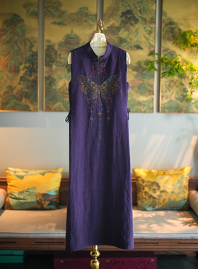 蓝大原创女装高级感紫色立领无袖真丝香云纱长款刺绣连衣裙5523