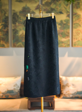蓝大原创女装国风通勤松紧腰显瘦真丝香云纱流苏黑色半身裙5577