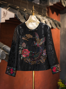 蓝大原创女装复古单排扣凤凰刺绣立领桑蚕丝宋锦长袖黑色外套5607