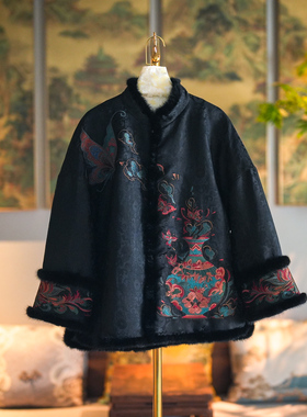 蓝大原创女装高端水貂毛拼接真丝香云纱黑色加棉蝴蝶刺绣外套5369