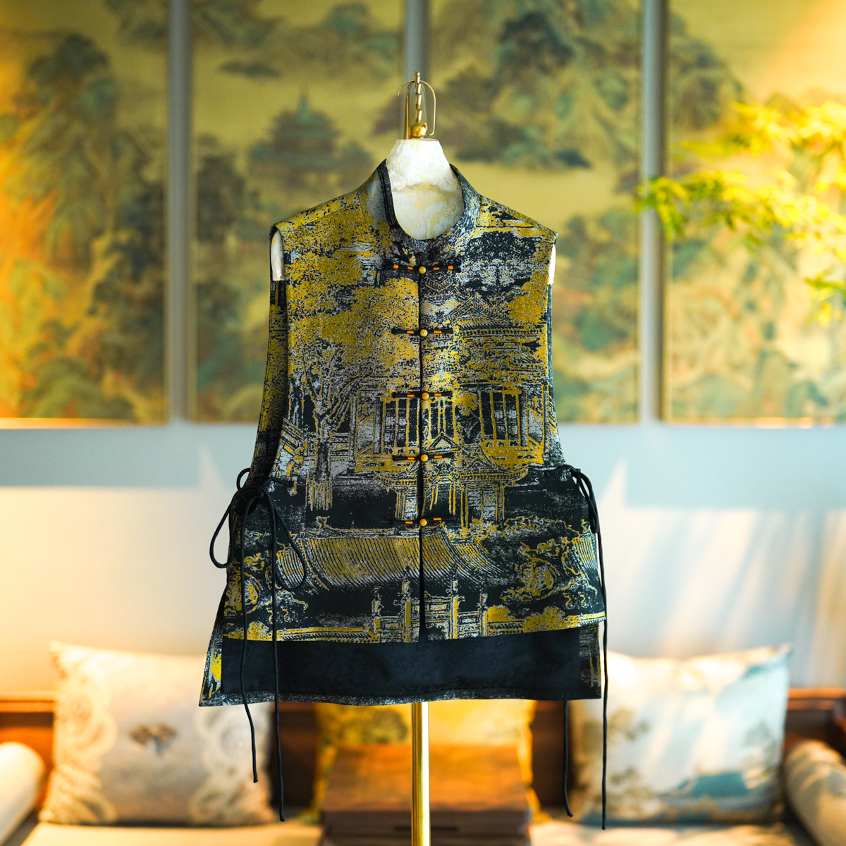 蓝大单排扣中国风立领不对称马甲