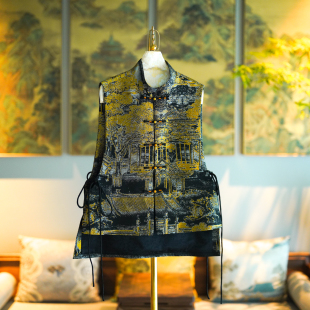 蓝大原创女装 设计不对称马甲5087 中国风立领单排扣桑蚕丝宋锦大码