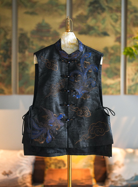 蓝大原创女装重工凤凰刺绣单排扣立领黑色真丝香云纱国潮马甲5352