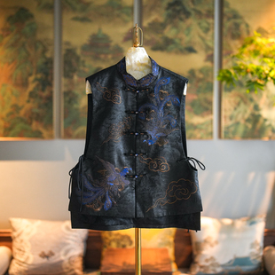 重工凤凰刺绣单排扣立领黑色真丝香云纱国潮马甲5352 蓝大原创女装