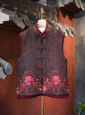 蓝大原创女装精美牡丹刺绣立领单排扣加绒保暖红色新中式马甲5723