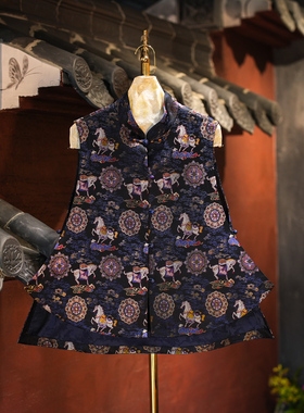 蓝大原创女装国潮日常立领单排扣宽松百搭桑蚕丝宋锦蓝色马夹5597