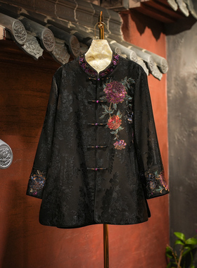 蓝大原创女装立体牡丹花刺绣单排扣黑色大码老缎桑蚕丝外套5725