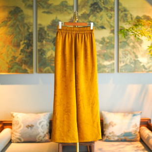 蓝大原创女装 7988 高级感金色松紧高腰显瘦桑蚕丝垂感直筒阔腿长裤