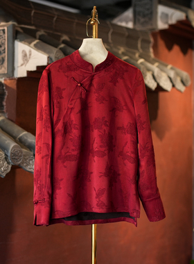 蓝大原创女装喜庆回门红色蝶恋花立领真丝冠乐绉宽松长袖上衣5762