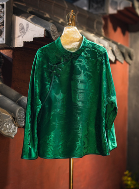 蓝大原创女装复古亭台楼阁斜襟盘扣真丝香云纱长袖绿色上衣5629