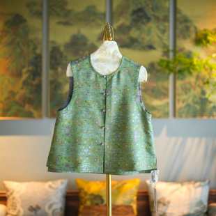 圆领单排扣绿色显瘦桑蚕丝壮锦马甲5233 大码 蓝大原创女装 新中式