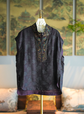 蓝大原创女装国风古韵紫色苗绣桑蚕丝大码拉链立领短袖上衣5235