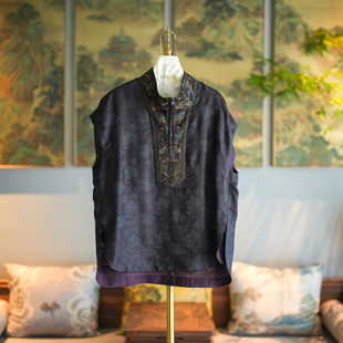 蓝大原创女装国风古韵紫色苗绣桑蚕丝大码拉链立领短袖上衣5235