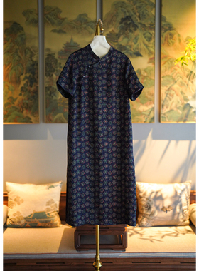 蓝大原创女装国风宝相花短袖大码真丝香云纱过膝立领连衣裙7921