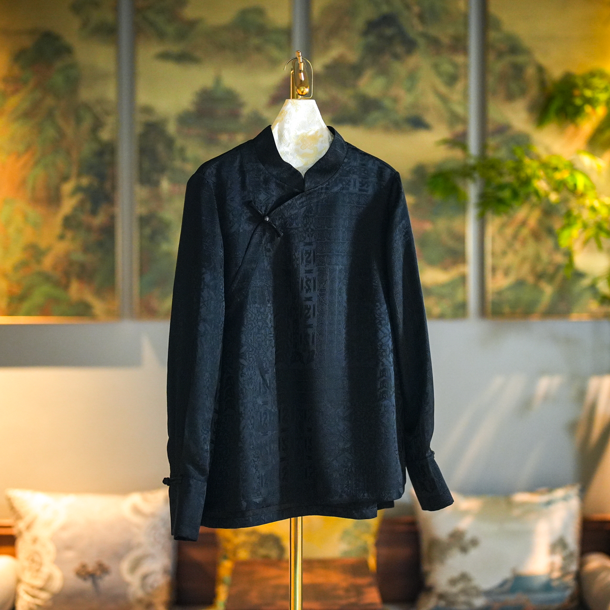 蓝大桑蚕丝2025秋黑色香云纱上衣