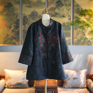 蓝大原创女装 国潮百搭刺绣外套5479 高级感黑色立领真丝香云纱大码