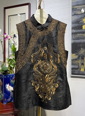 蓝大原创女装高端非遗香云纱立领重工刺绣宽松中长款无袖上衣5415